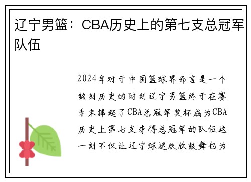 辽宁男篮：CBA历史上的第七支总冠军队伍